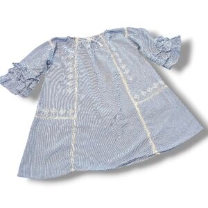 Next Blue and White Striped Blouse, Boho, 3/4 Sleeves With Ruffles & Embroidery